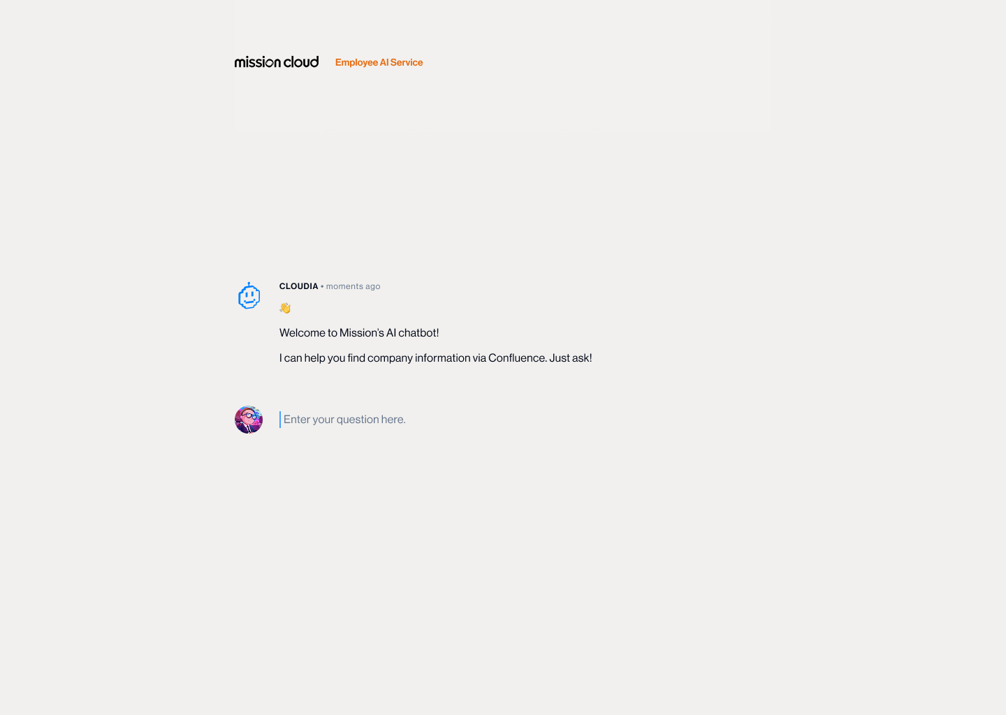 Screenshot of the Mission AI chatbot that shows the initial text prompt asking a user how the chatbot can help them.