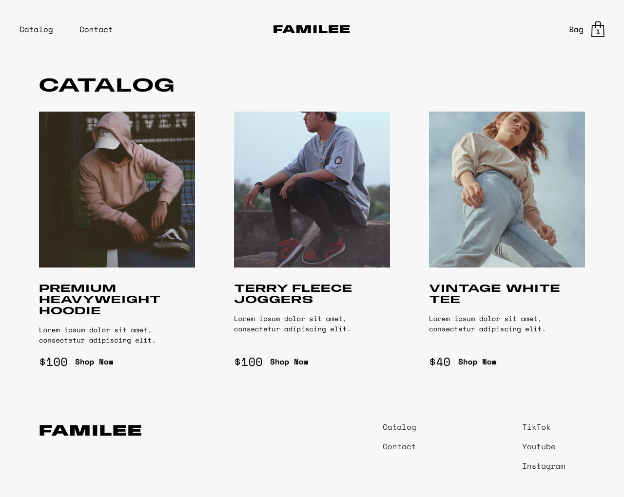 Screenshot of a proof of concept for Keith Lee's Familee shop catalog including product images and costs.