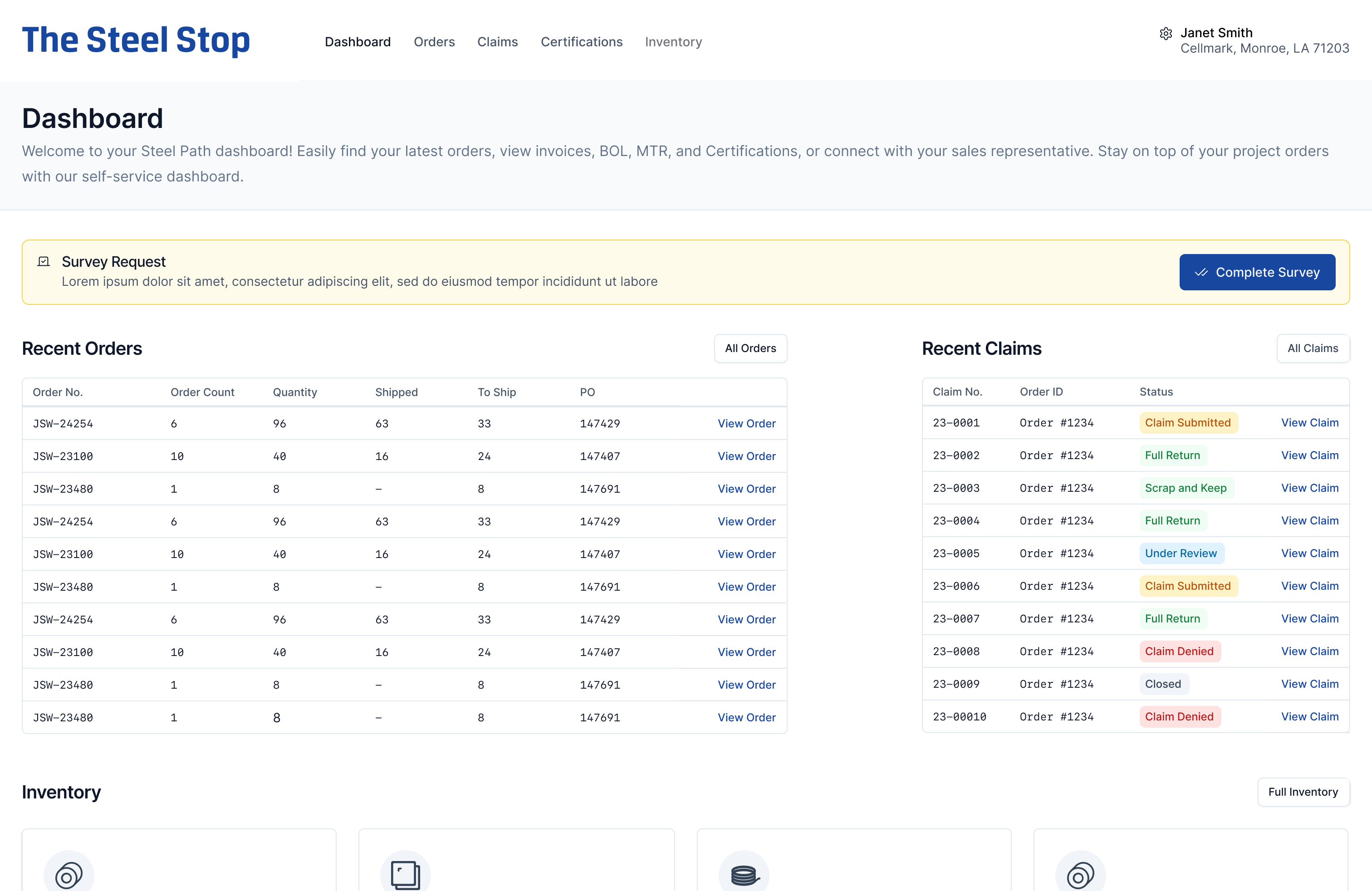 Screenshot of JSW Steel's Steel Path platform. This view shows various details about JSW Steel's inventory and order statuses in an tabular layout.