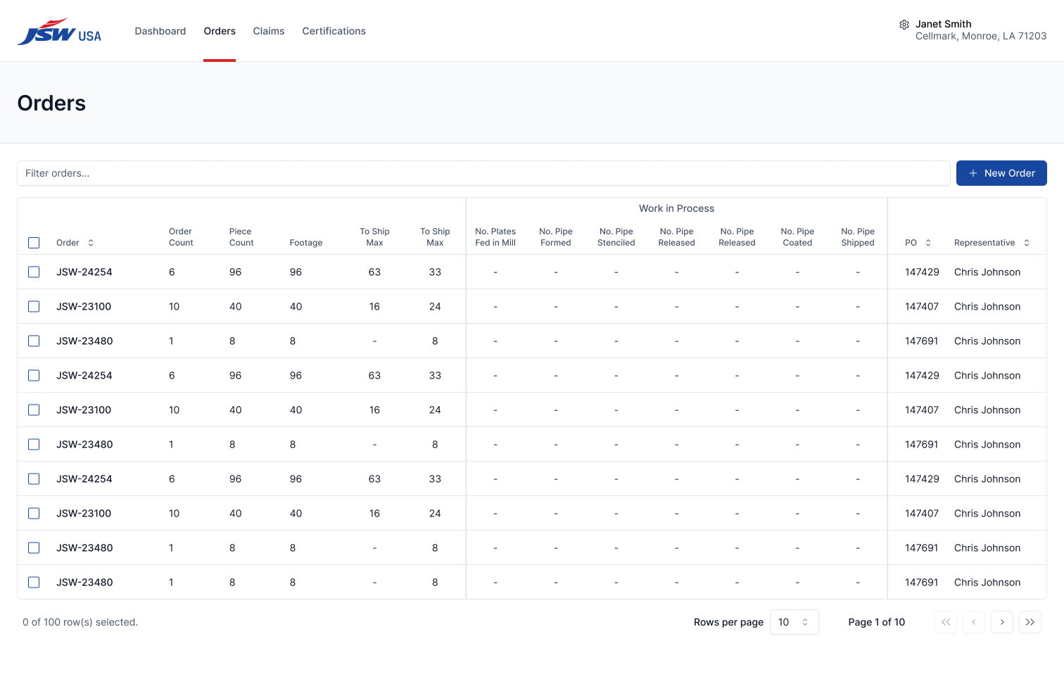 Screenshot of JSW Steel's Steel Path platform. This view shows various details about JSW Steel's inventory and order statuses in an tabular layout.