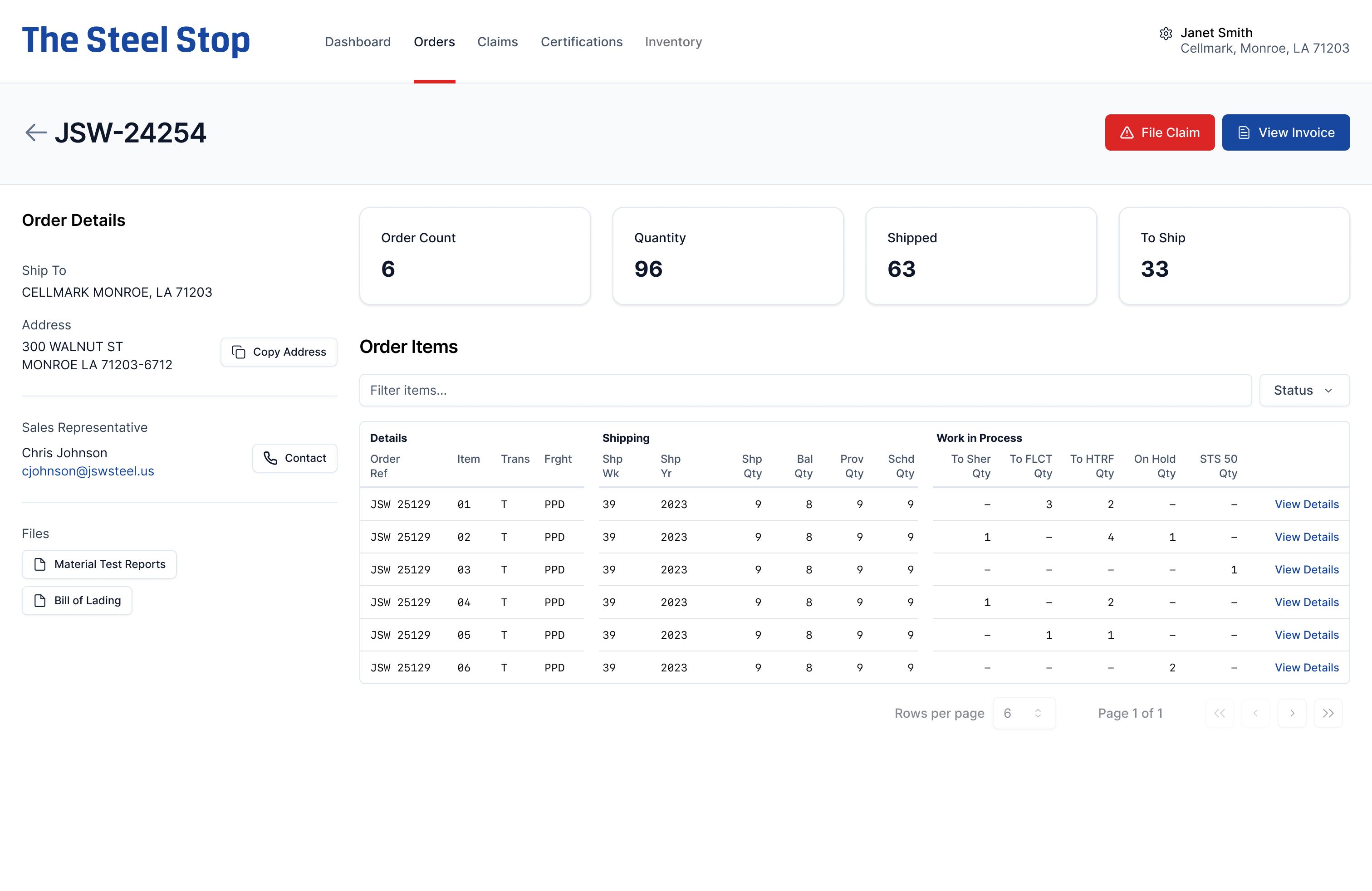 Screenshot of JSW Steel's Steel Path platform. This view shows various details about JSW Steel's inventory and order statuses in an tabular layout.