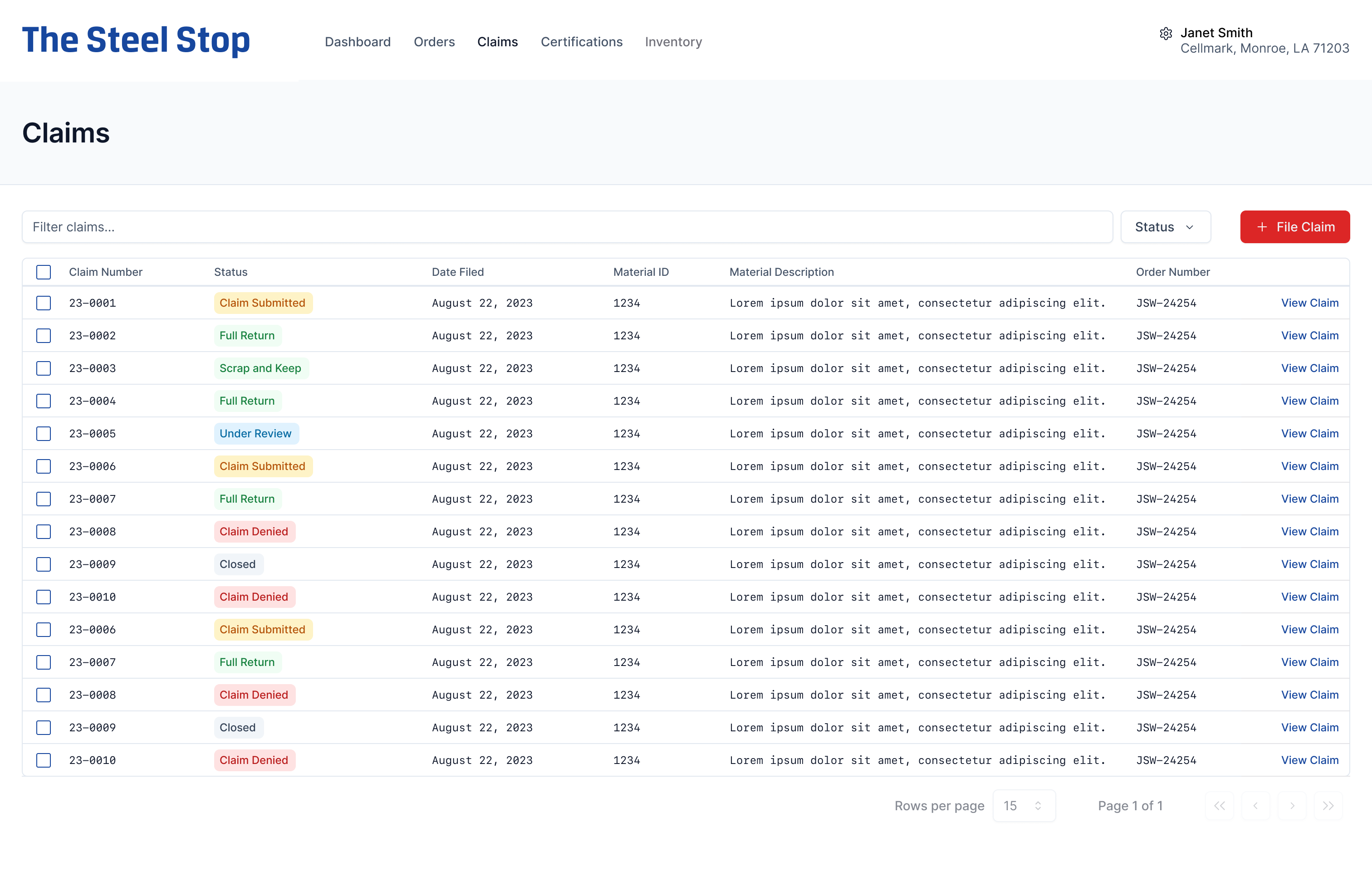 Screenshot of JSW Steel's Steel Path platform. This view shows various details about JSW Steel's inventory and order statuses in an tabular layout.